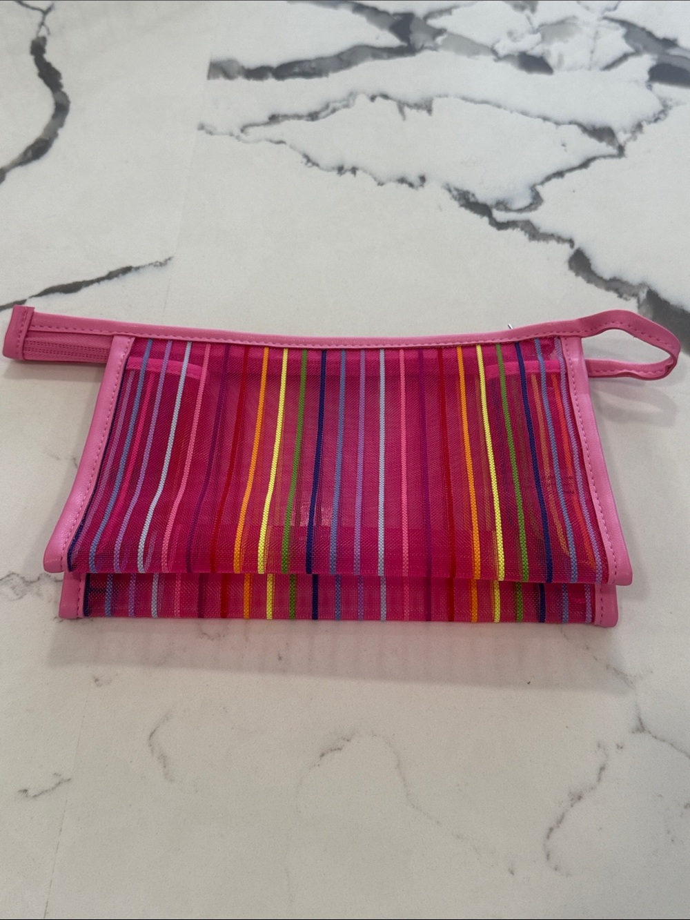 Hot Pink Mesh Multi-Color Striped Zip Cosmetic Toiletries Makeup Pouch Bag Case - Picture 4 of 4